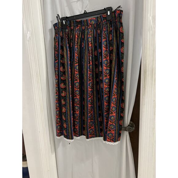 Original Alpen Trachten Black Green Red Floral Striped Dirndl Skirt Lace Trim 46 - Picture 1 of 8